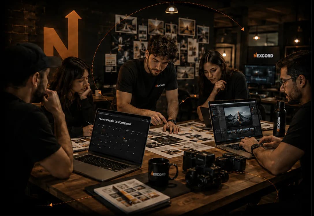 Equipo multidisciplinario de Nexcord trabajando en una sesión creativa