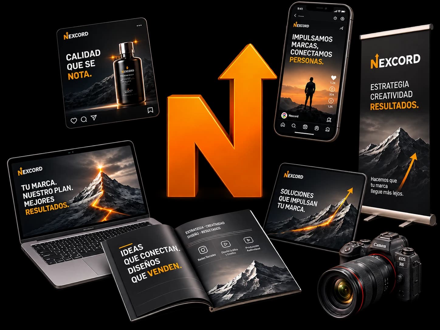 Aplicaciones de marca Nexcord en redes, impresión, fotografía y video